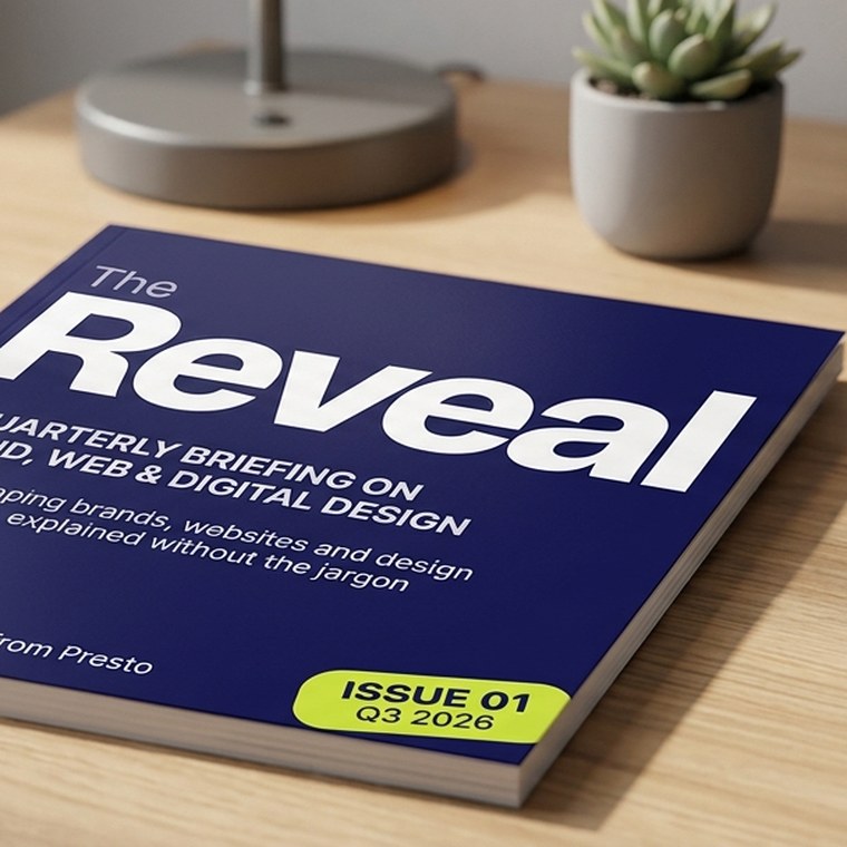 The Reveal, Issue 01 — Presto's quarterly design briefing, printed and on a desk