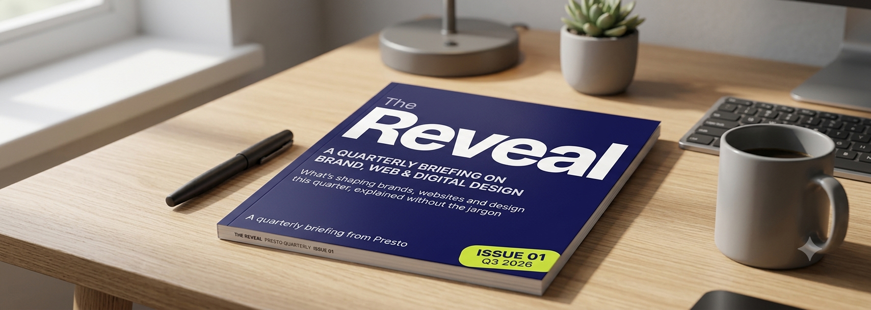 The Reveal, Issue 01, printed and on a desk